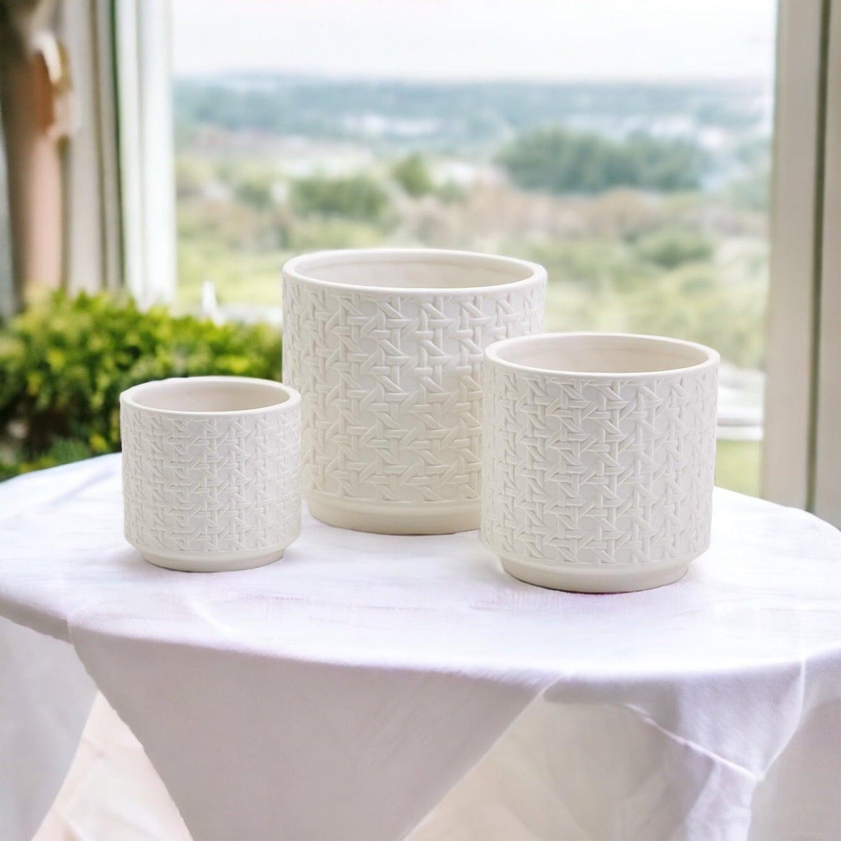 White Textured Webbing Ceramic Planters Set of Three - Image 6