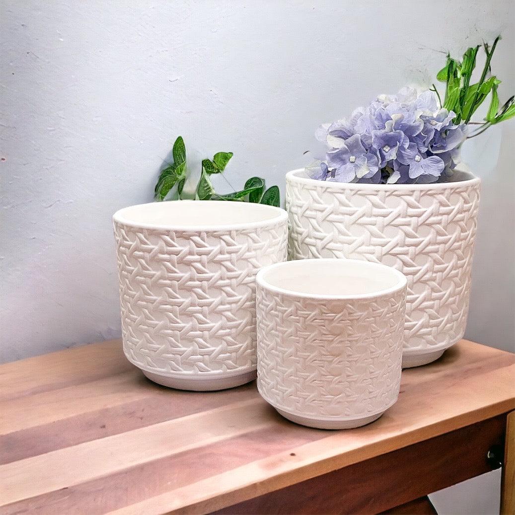 White Textured Webbing Ceramic Planters Set of Three - Image 9