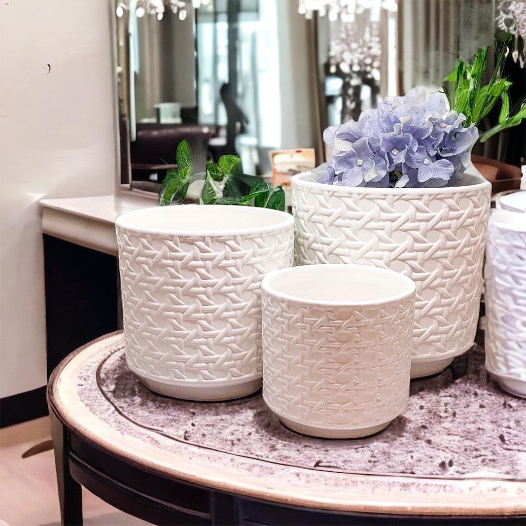 White Textured Webbing Ceramic Planters Set of Three - Image 2