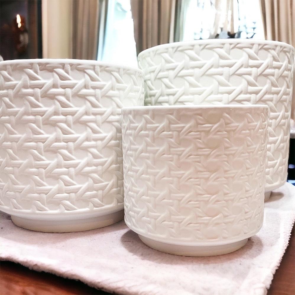 White Textured Webbing Ceramic Planters Set of Three - Image 5