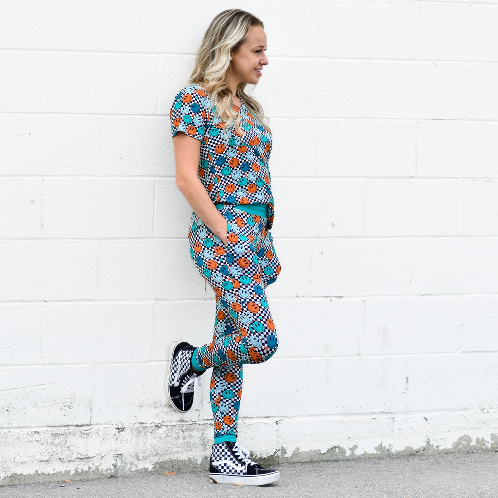 Women's Bamboo Joggers in Blue Smiles Check Print - Image 2