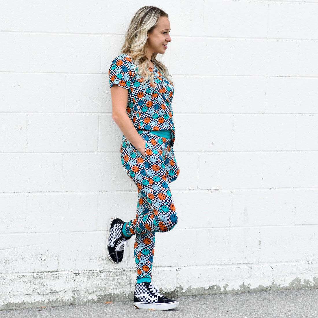 Women's Bamboo Joggers in Blue Smiles Check Print - Image 2
