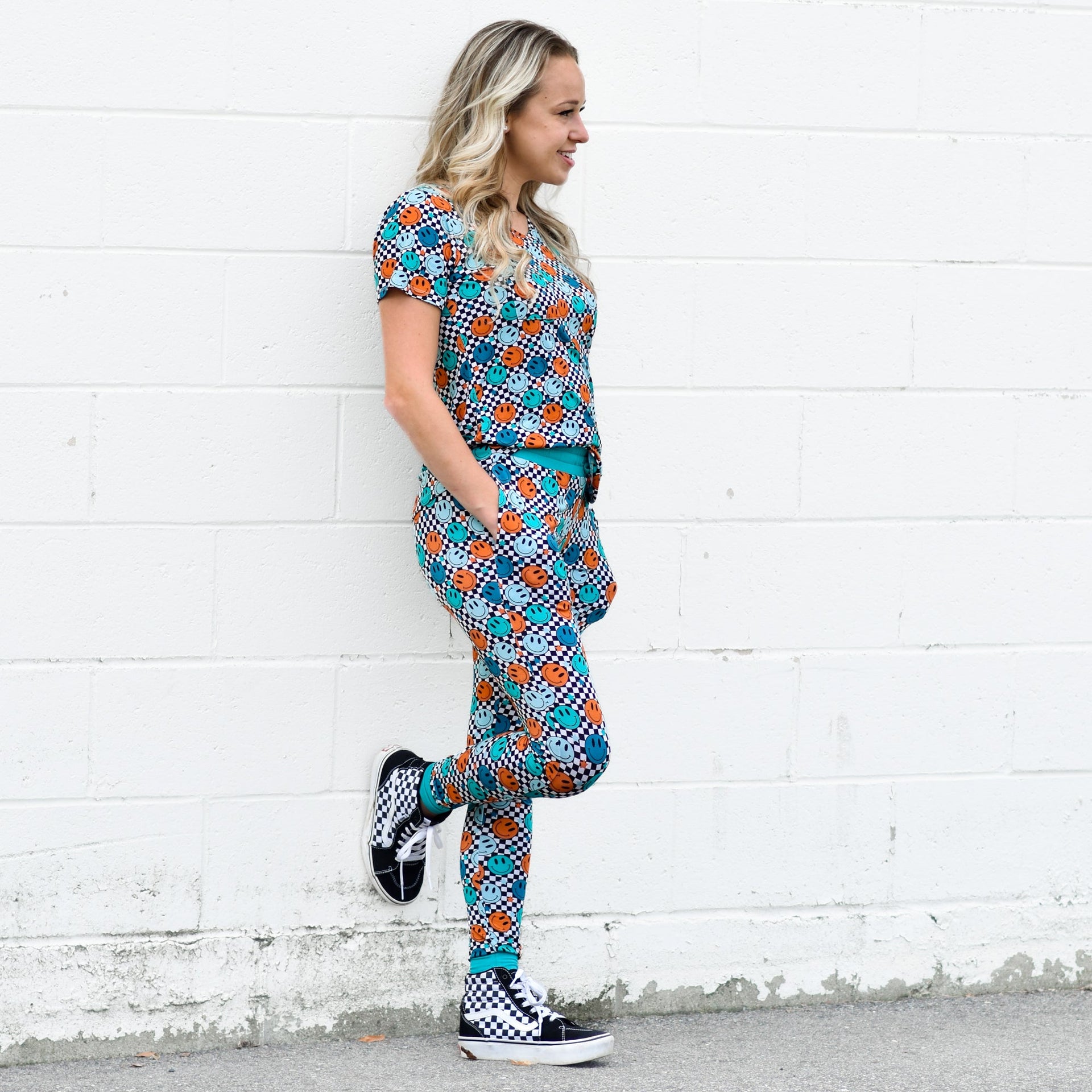 Women's Bamboo Joggers in Blue Smiles Check Print - Image 2