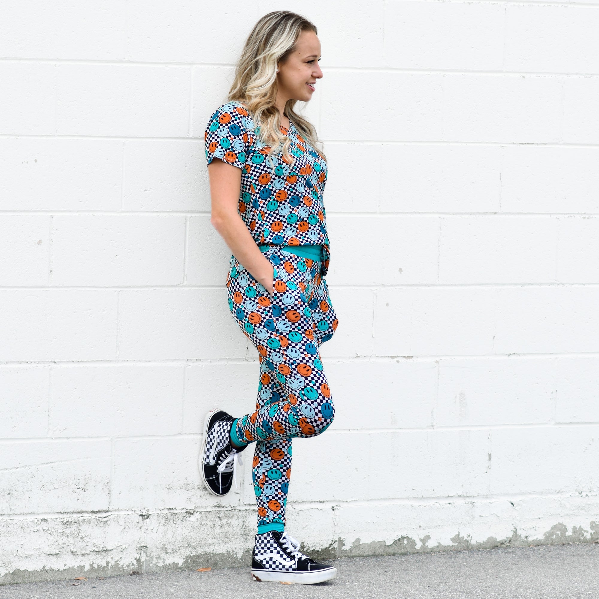 Women's Bamboo Joggers in Blue Smiles Check Print - Image 2