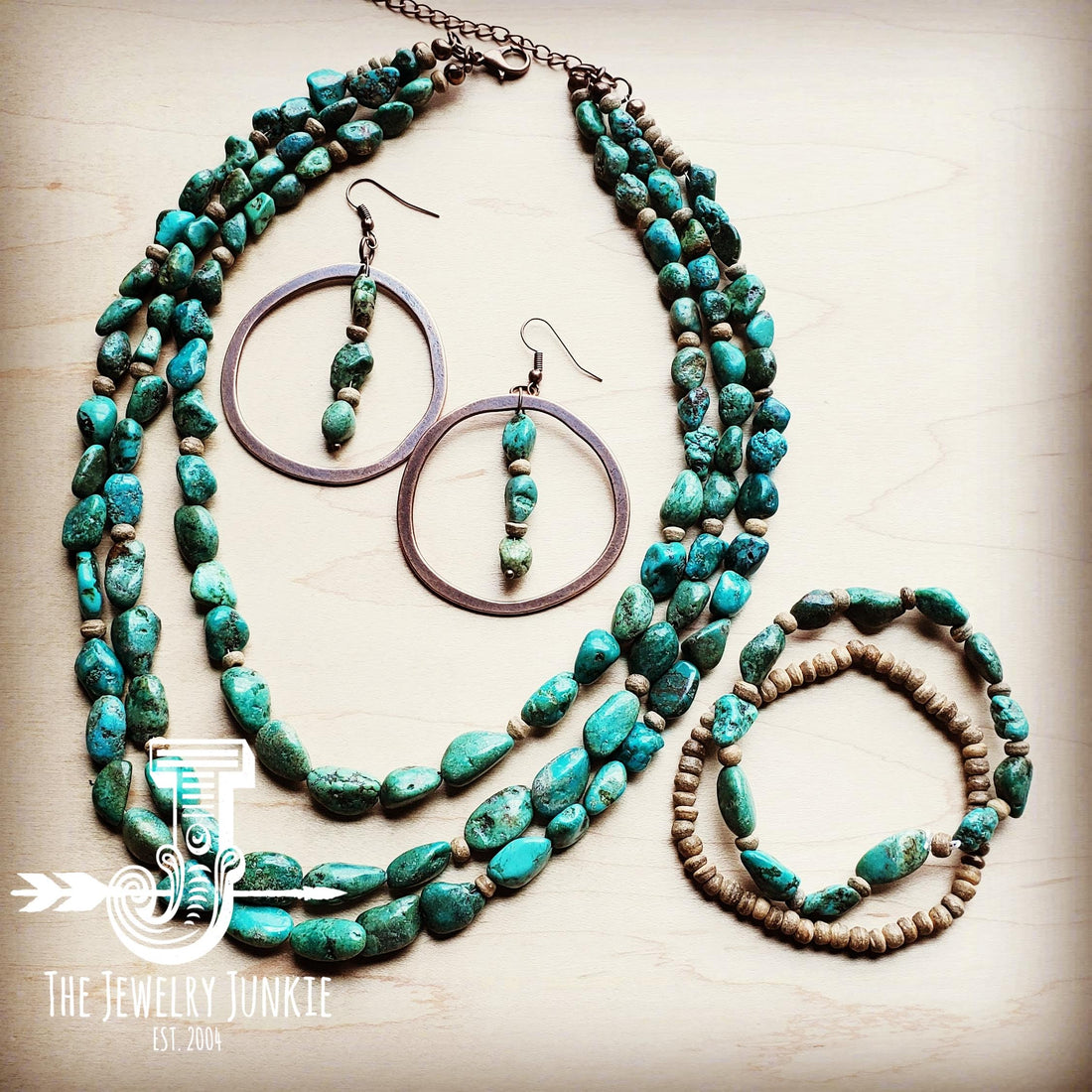 Copper Hoop Earrings in Natural Turquoise and Wood 201q