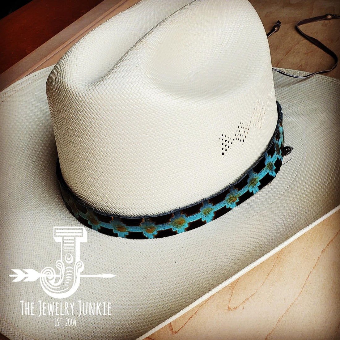 Blue Navajo Embossed Leather Hat Band Only 950a