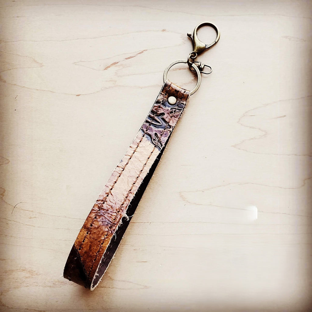 Embossed Leather Key Chain Strap in Tan