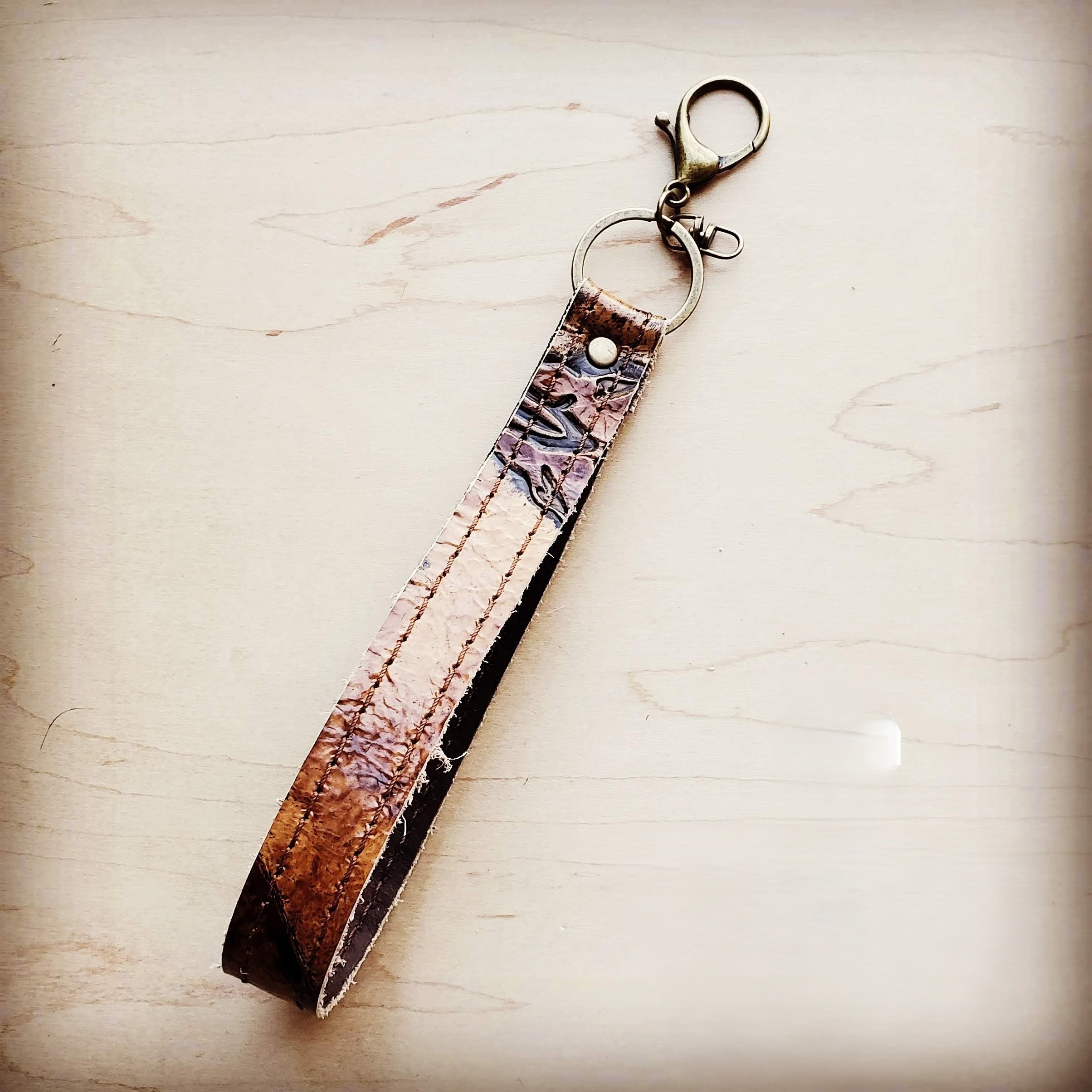 Embossed Leather Key Chain Strap in Tan