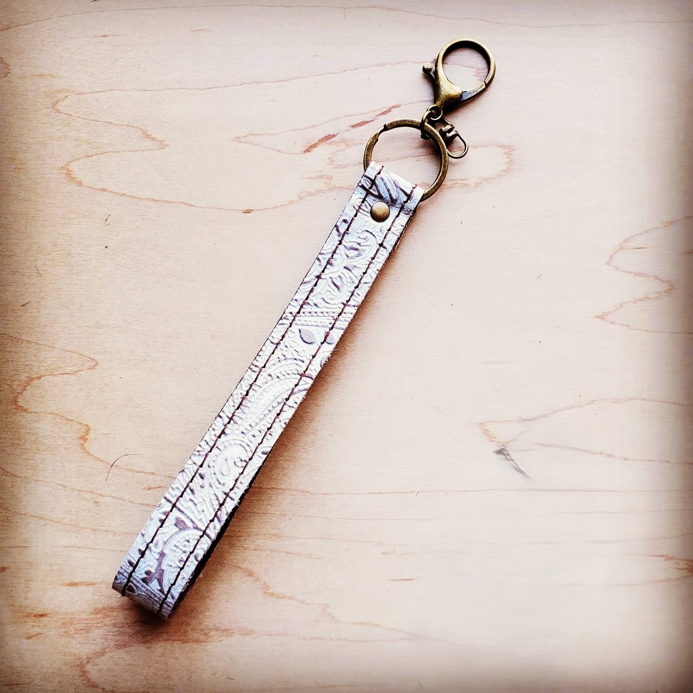 Embossed Leather Keychain Strap - Oyster Paisley