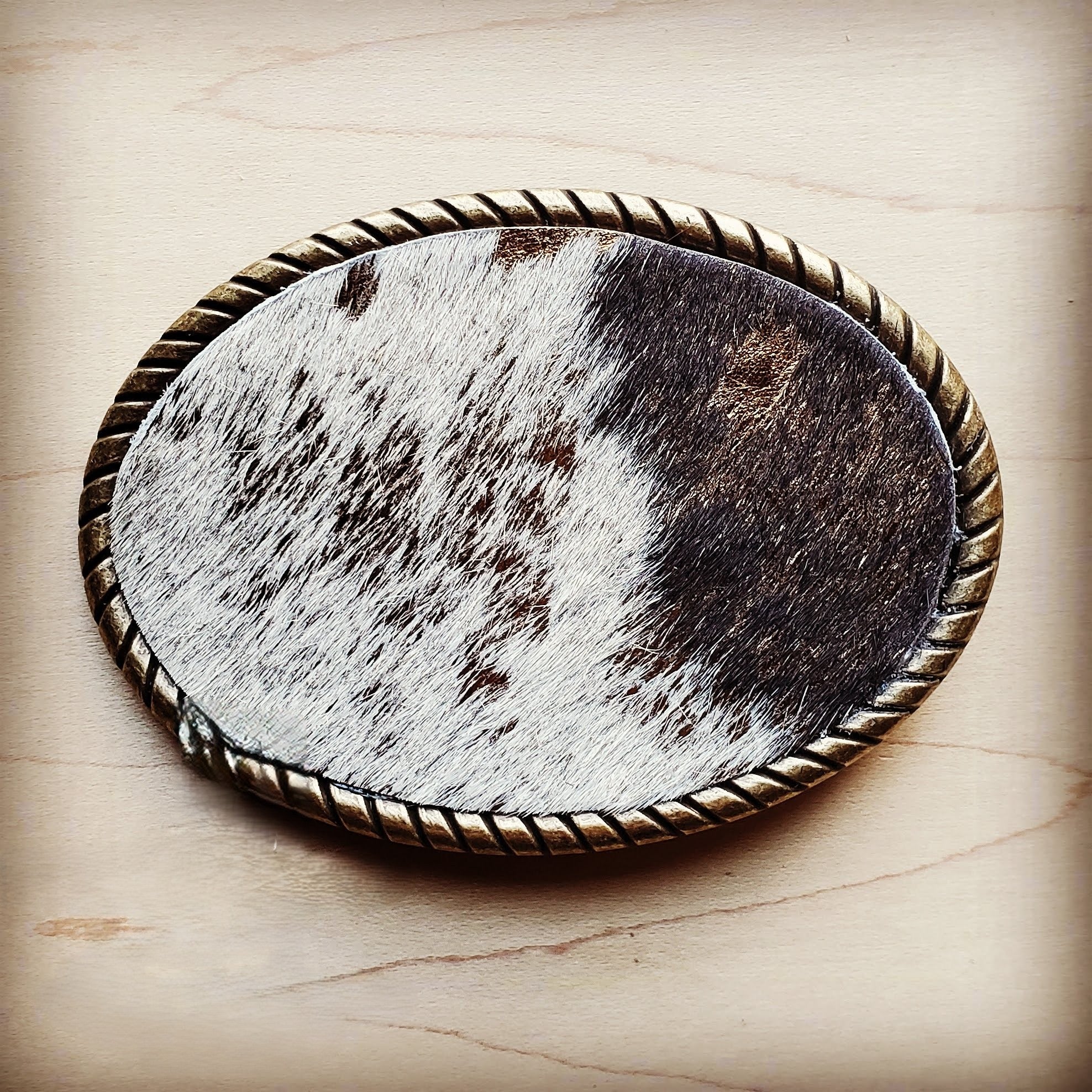 Rope Edge Mixed Metallic Hair on Hide Leather Belt Buckle 902c