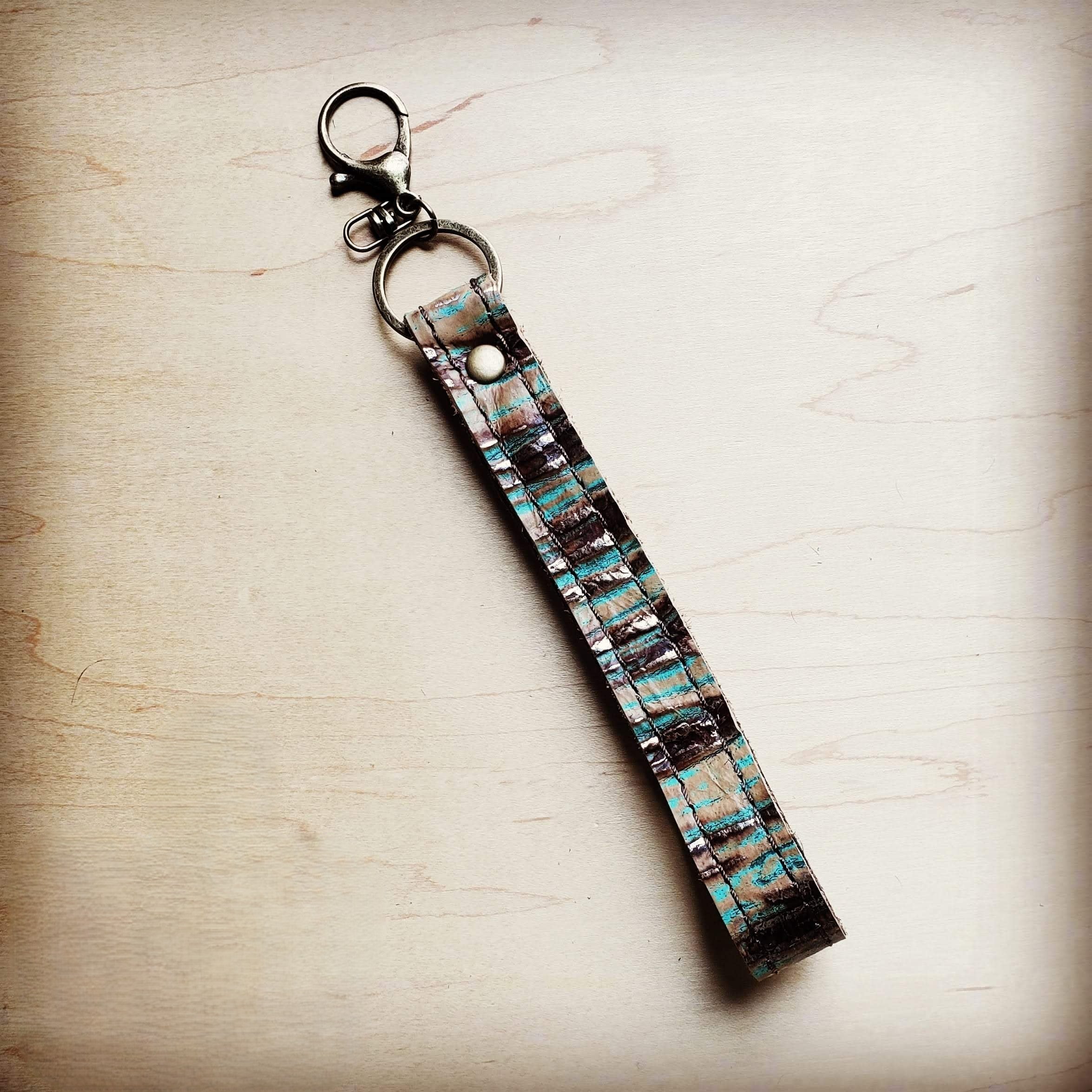 Embossed Leather Key Chain Strap in Turquoise