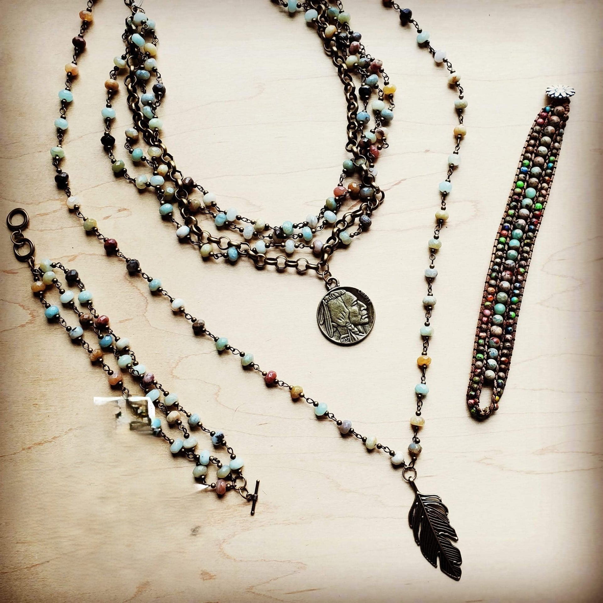 Amazonite Beaded Necklace with Antique Gold Feather 251x