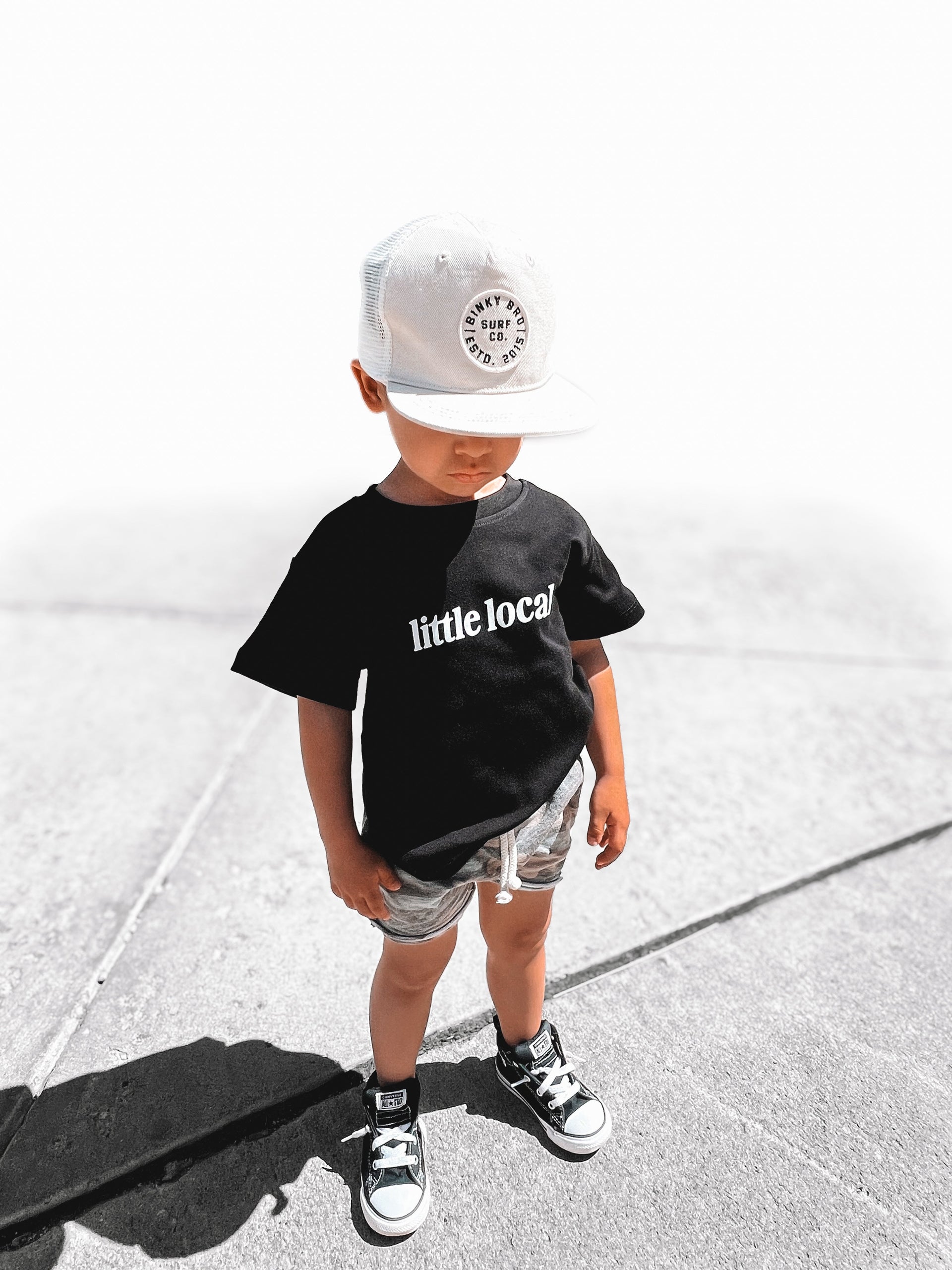 Little Local Binky Bro Surf Co graphic tee in neutral colors for kids