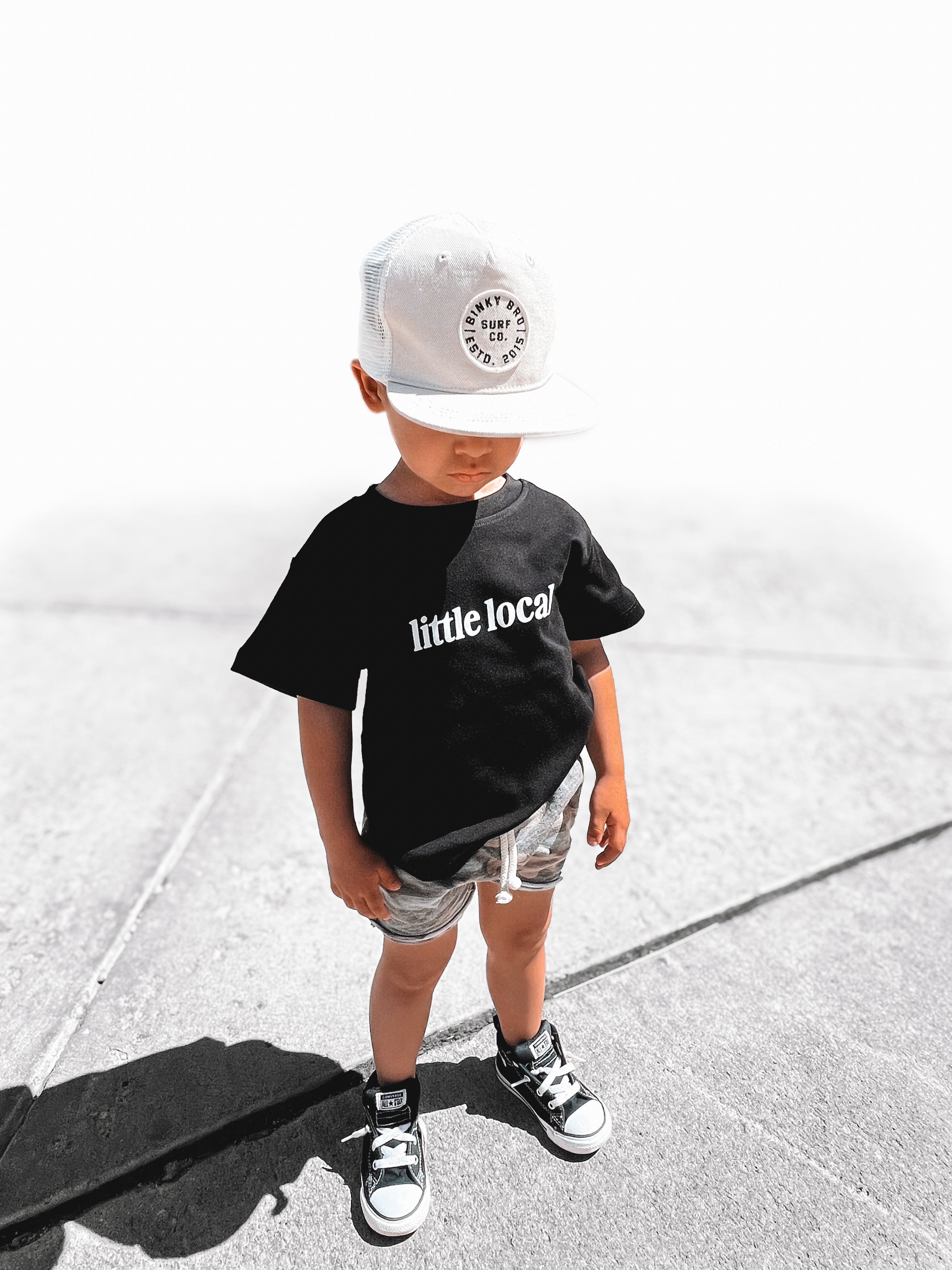 Little Local Binky Bro Surf Co graphic tee in neutral colors for kids