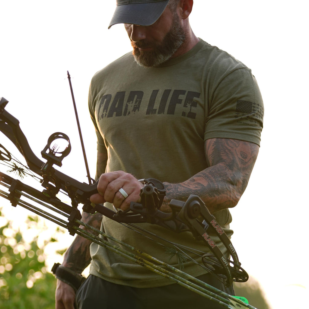 Dad Life Hunting Tee with American Flag Sleeve Print - Olive Green