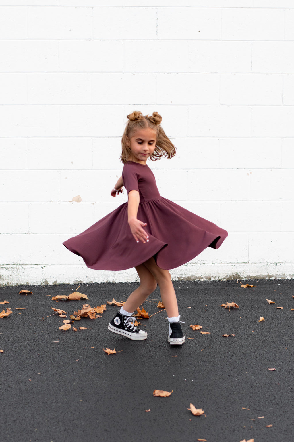 MID SLEEVE TWIRL DRESS- Black Cherry Ribbed