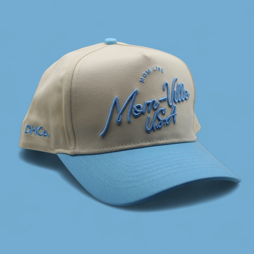 The "Mom-Ville" Script Hat Light Blue