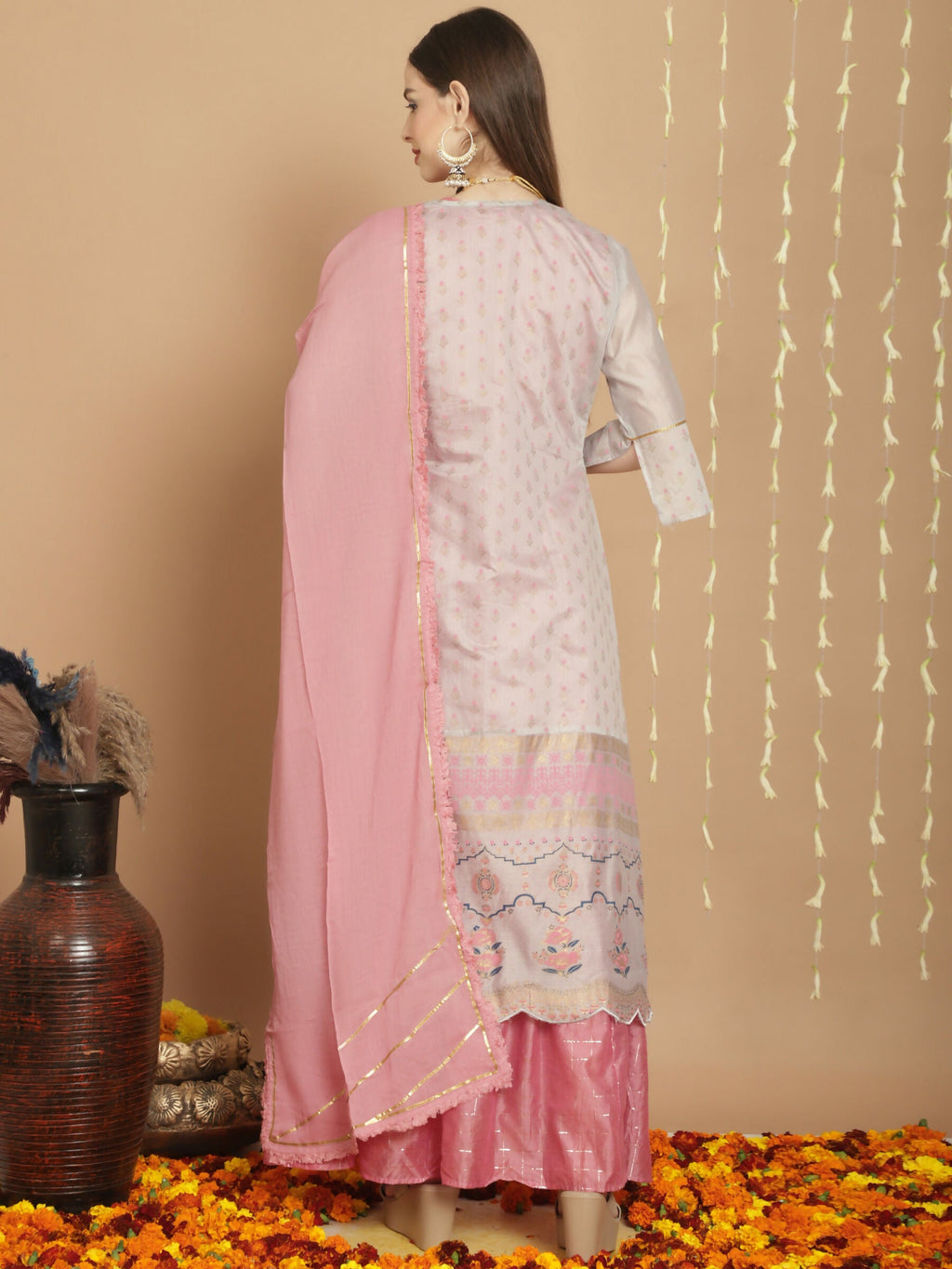 Women's Grey Chanderi Silk A-Line Kurta Set with Jardoshi Work
