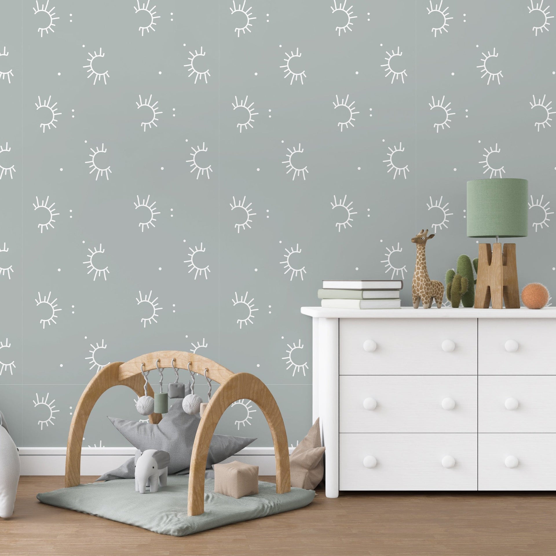 Minimalist Sol geometric wallpaper in sage-green and terracotta tones.
