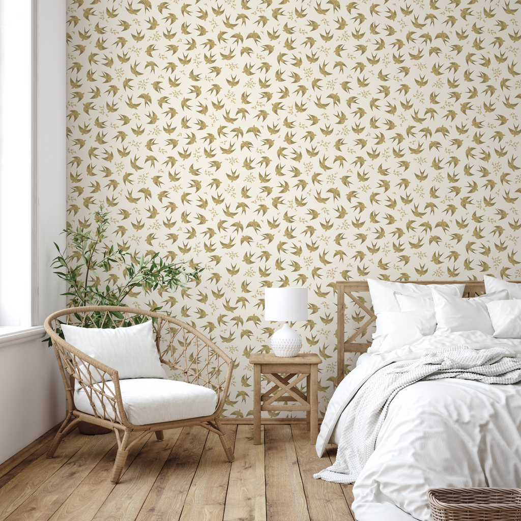 Piers bohemian style wallpaper in beige, sage-green, and white hues.