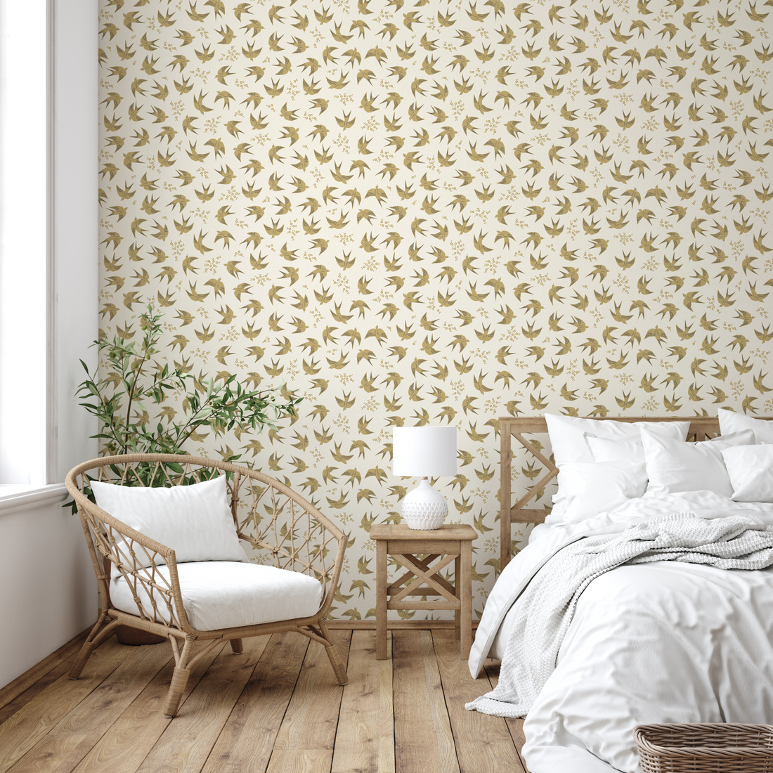 Piers bohemian style wallpaper in beige, sage-green, and white hues.