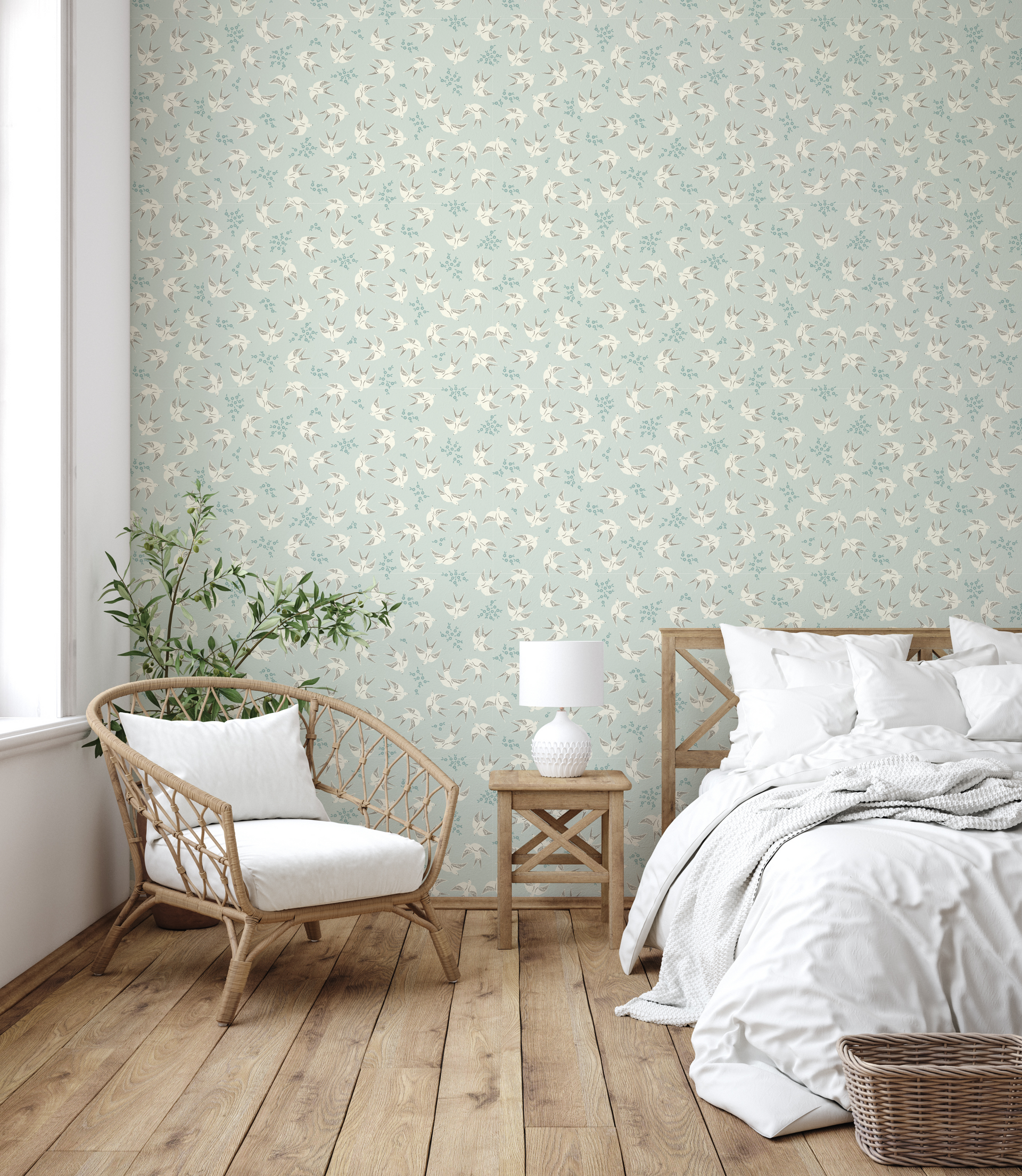 Piers Wallpaper in Beige, Sage-Green & White - Bohemian Design