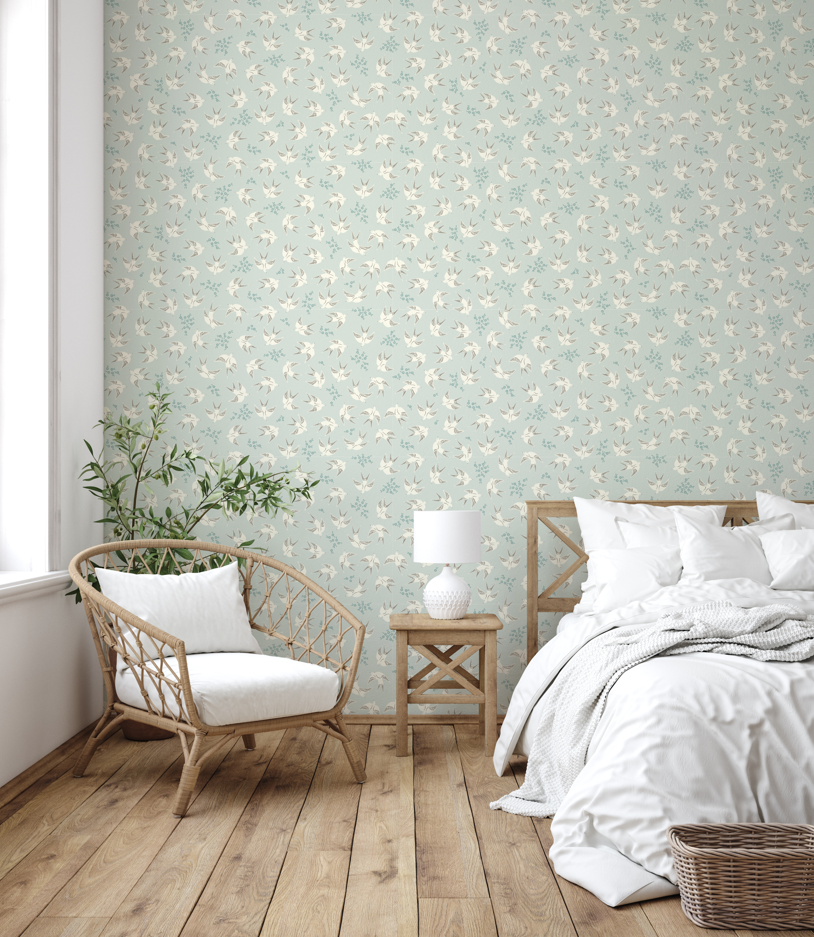 Piers Wallpaper in Beige, Sage-Green & White - Bohemian Design
