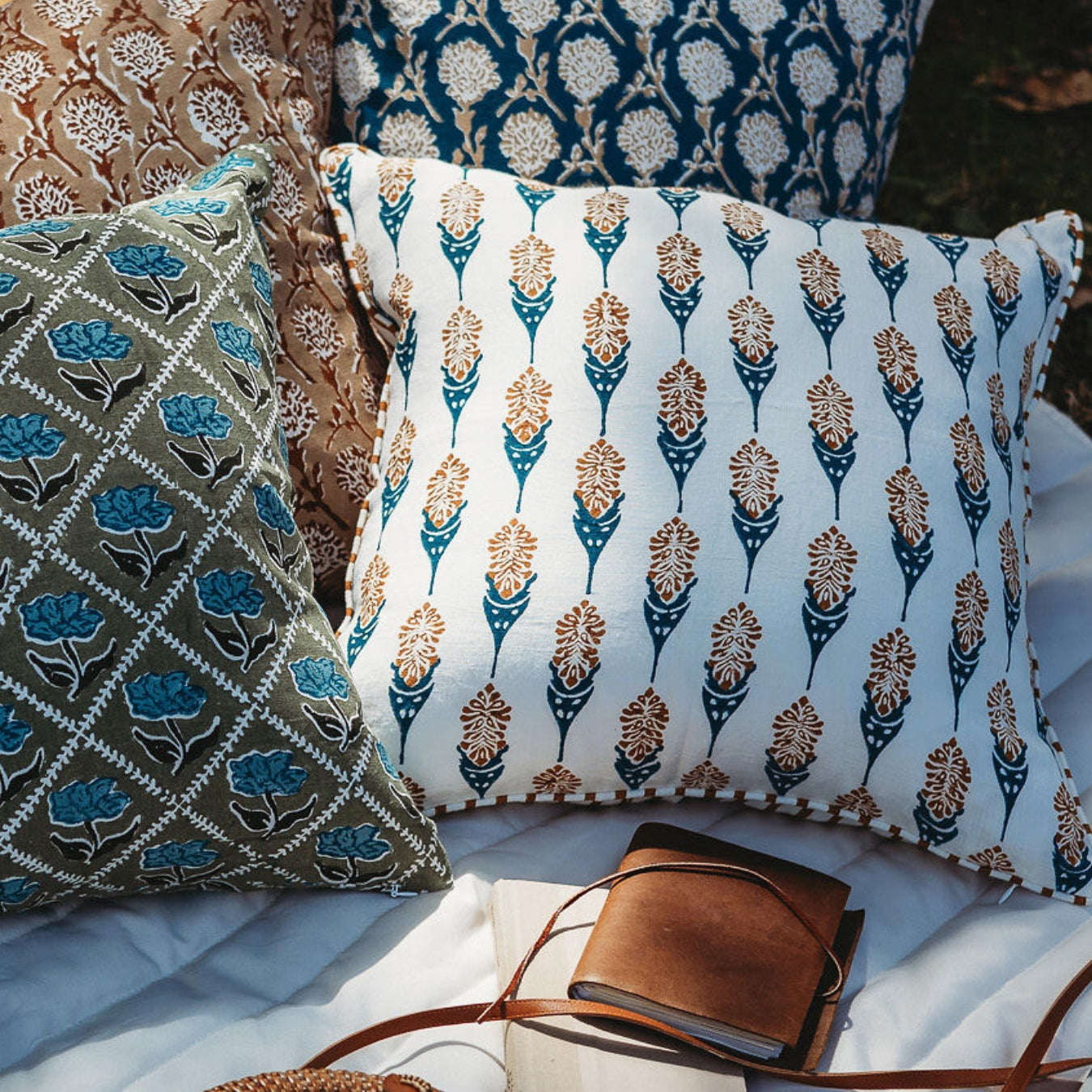 Bahaar Hand-Block Printed Linen Throw Pillow Cover, Ginger & Blue