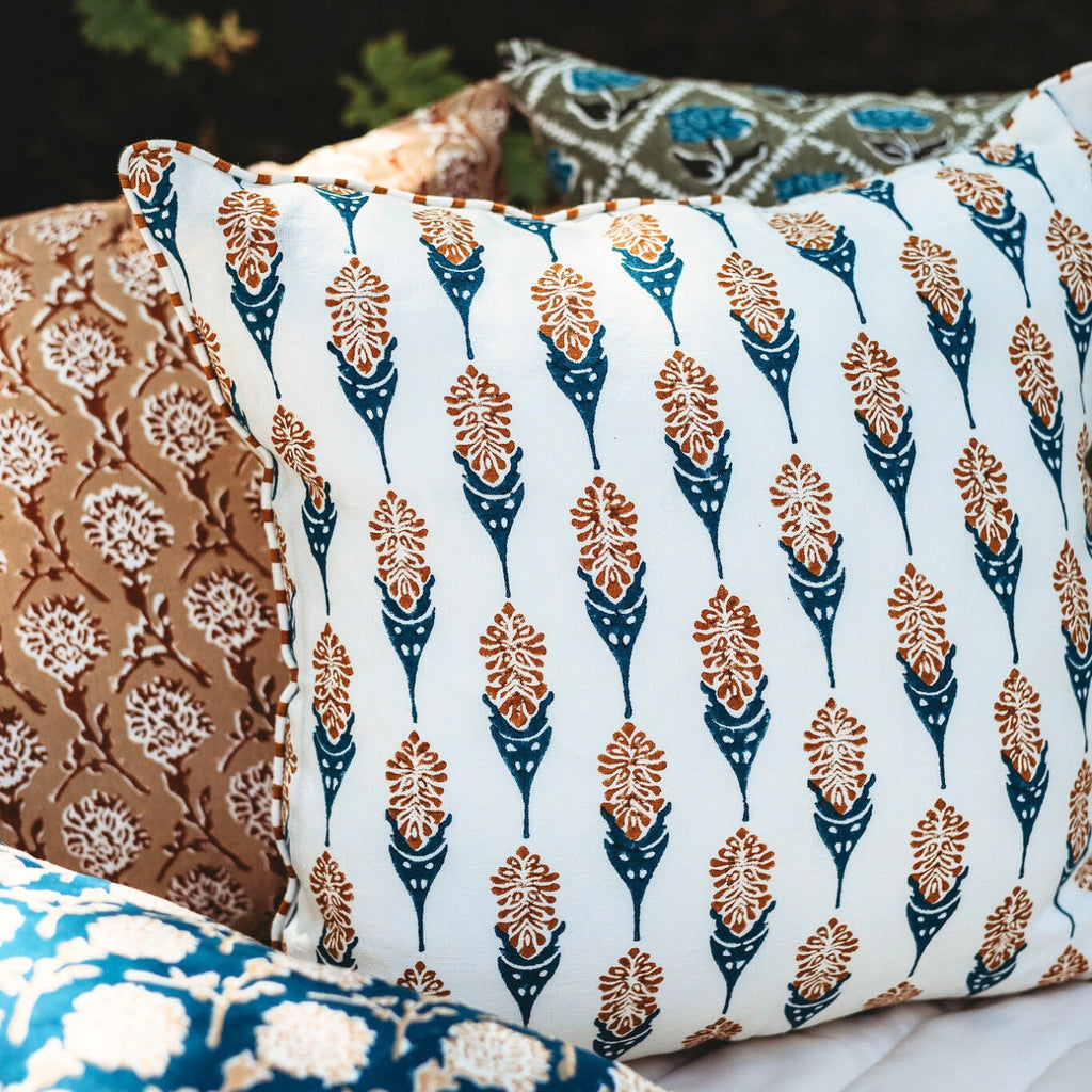 Bahaar Hand-Block Printed Linen Throw Pillow Cover, Ginger & Blue