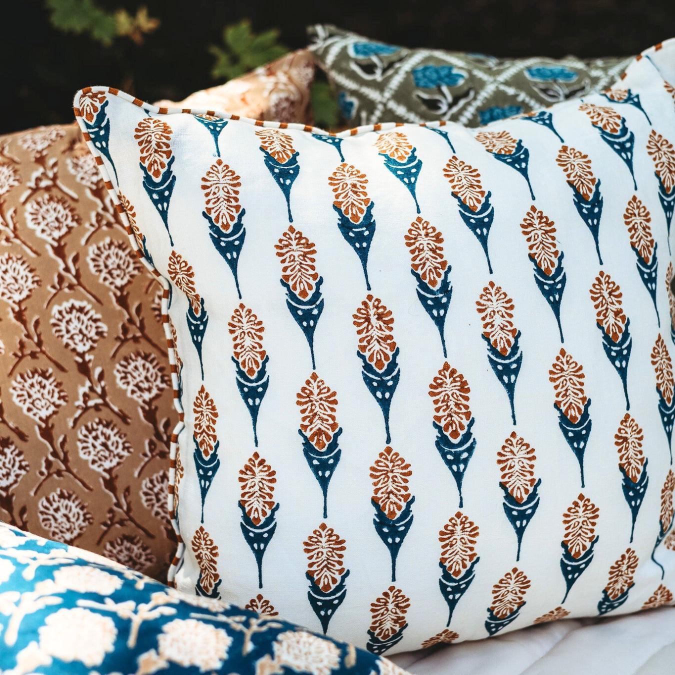 Bahaar Hand-Block Printed Linen Throw Pillow Cover, Ginger & Blue