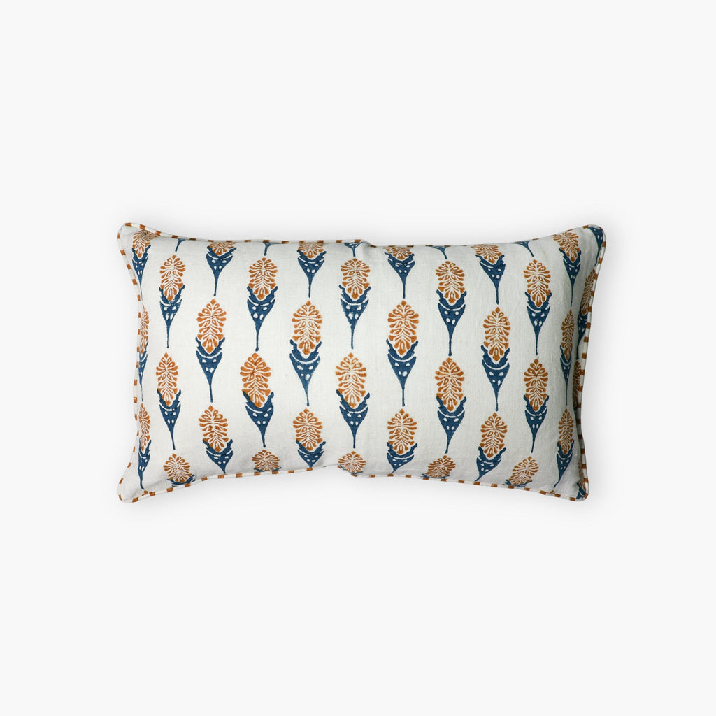 Elongated Bahaar lumbar throw pillow cover featuring Ginger and Blue hand-block printed larkspur floral patterns.