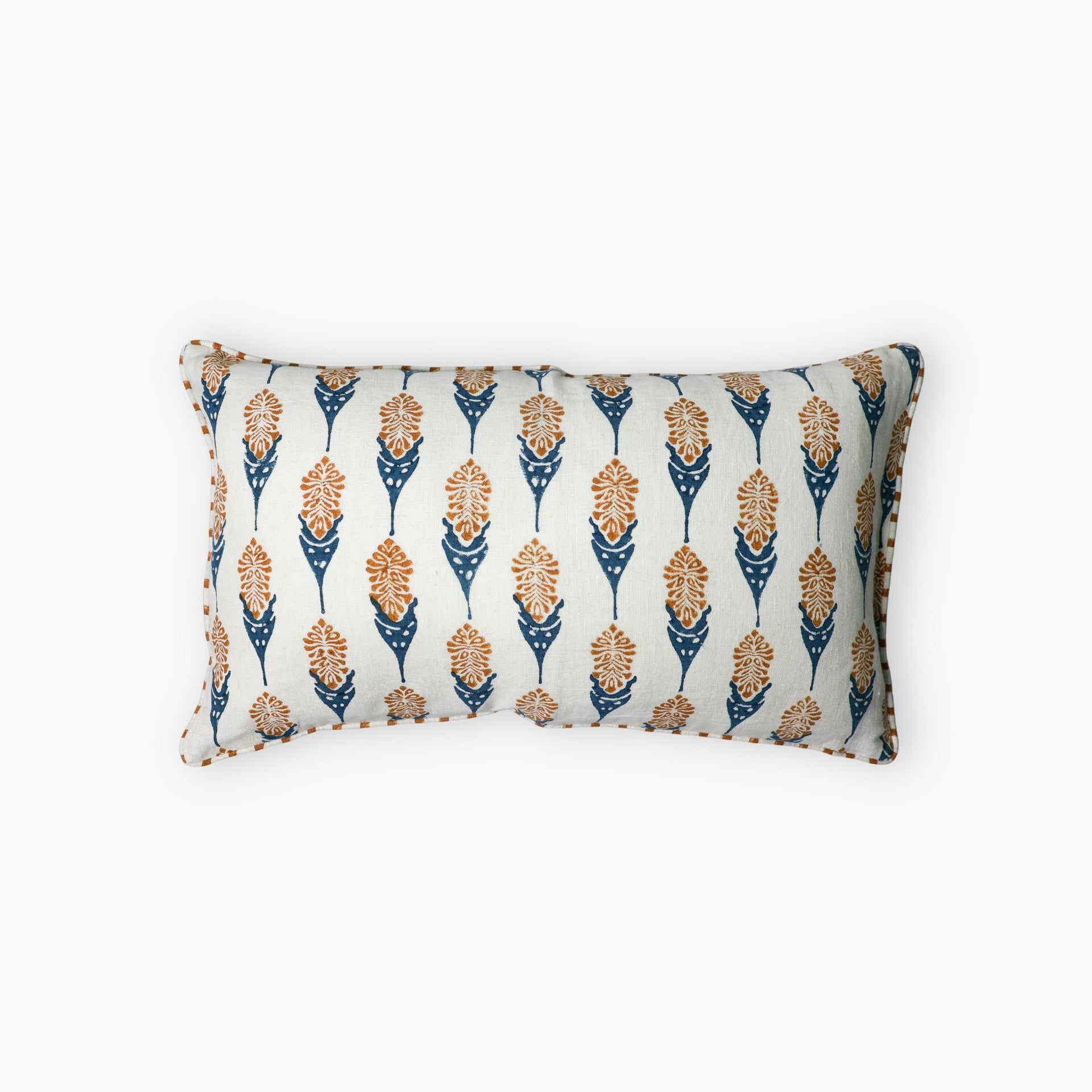 Elongated Bahaar lumbar throw pillow cover featuring Ginger and Blue hand-block printed larkspur floral patterns.