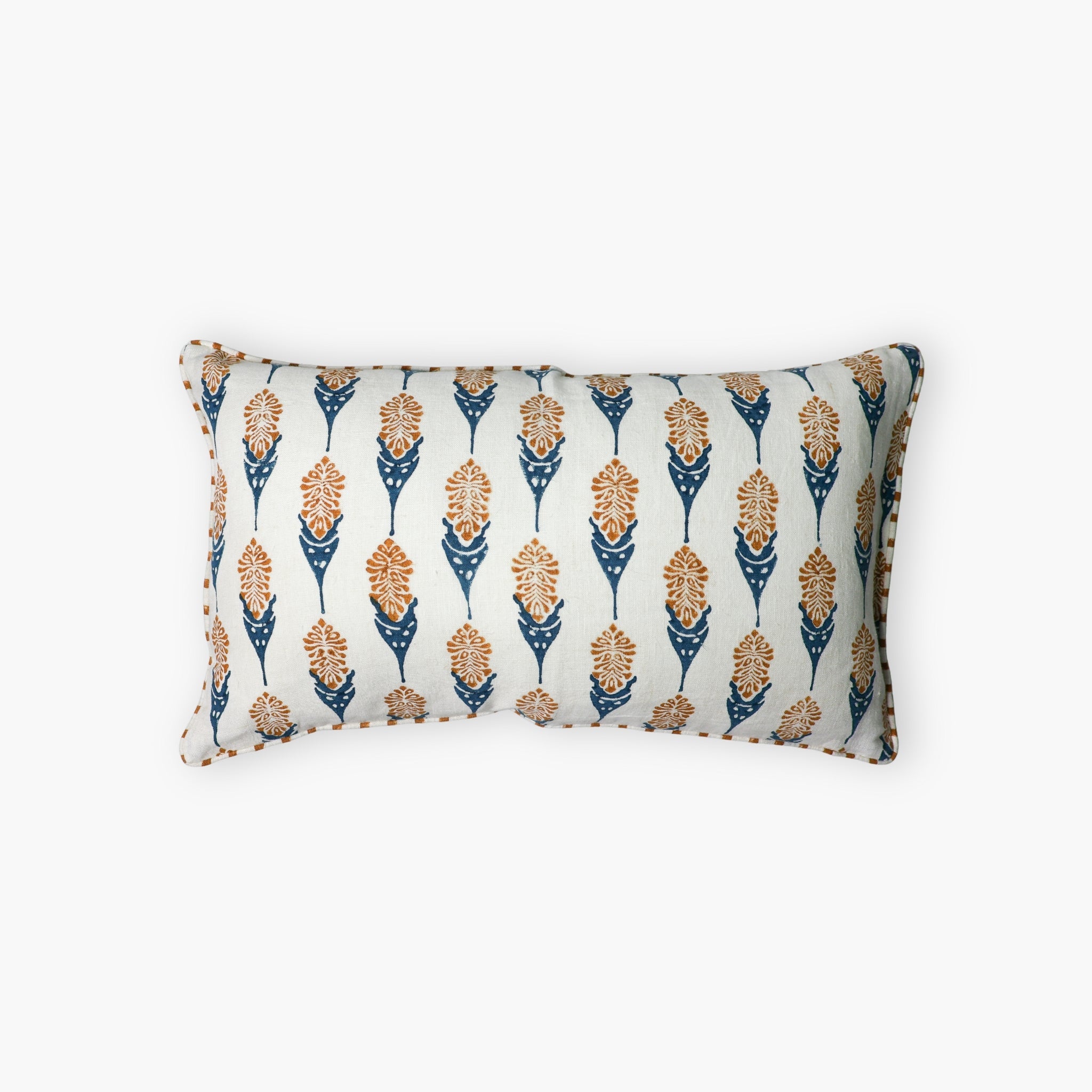 Elongated Bahaar lumbar throw pillow cover featuring Ginger and Blue hand-block printed larkspur floral patterns.