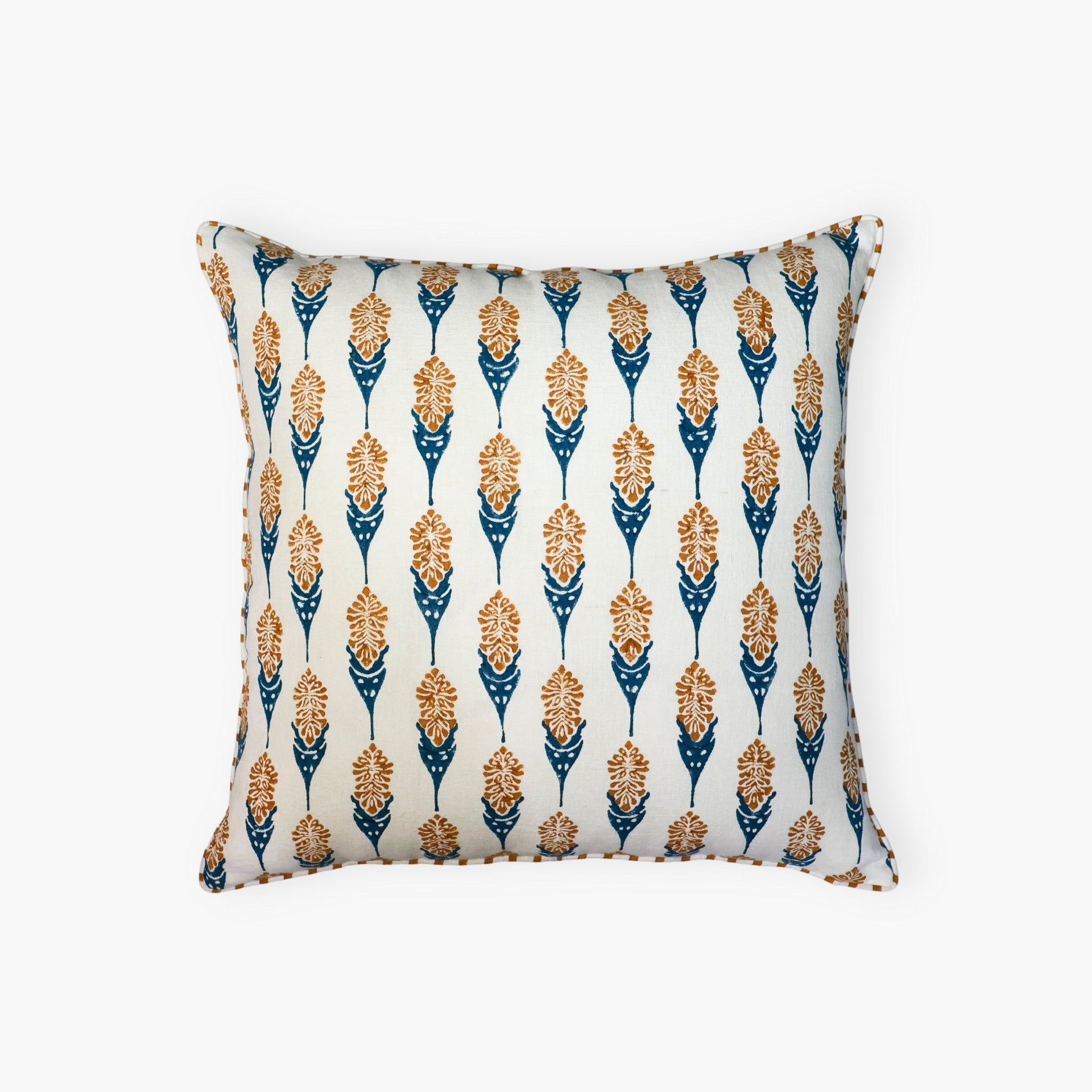 Bahaar throw pillow cover in Ginger and Blue with hand-block printed larkspur flower motif on linen.