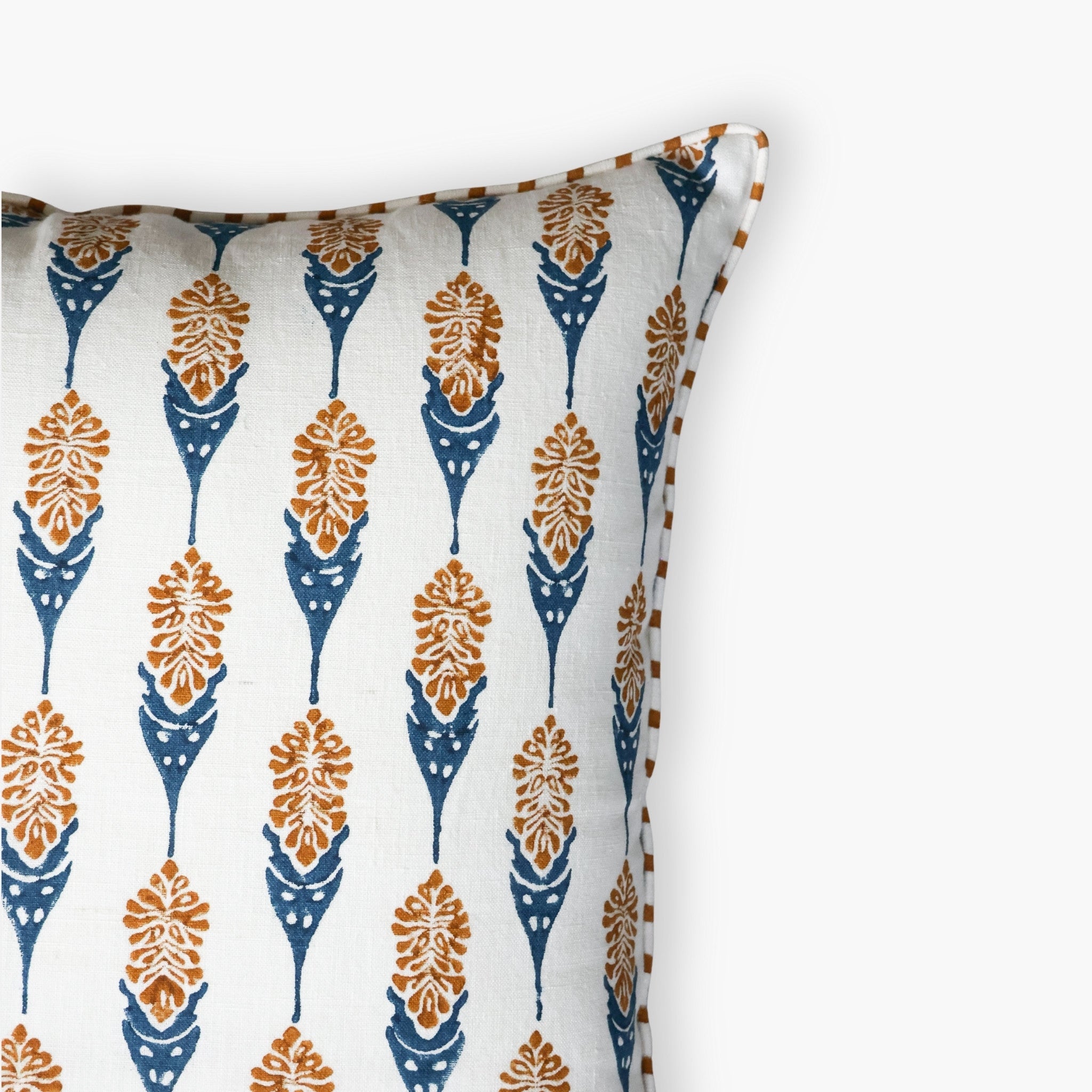 Bahaar Hand-Block Printed Linen Throw Pillow Cover, Ginger & Blue