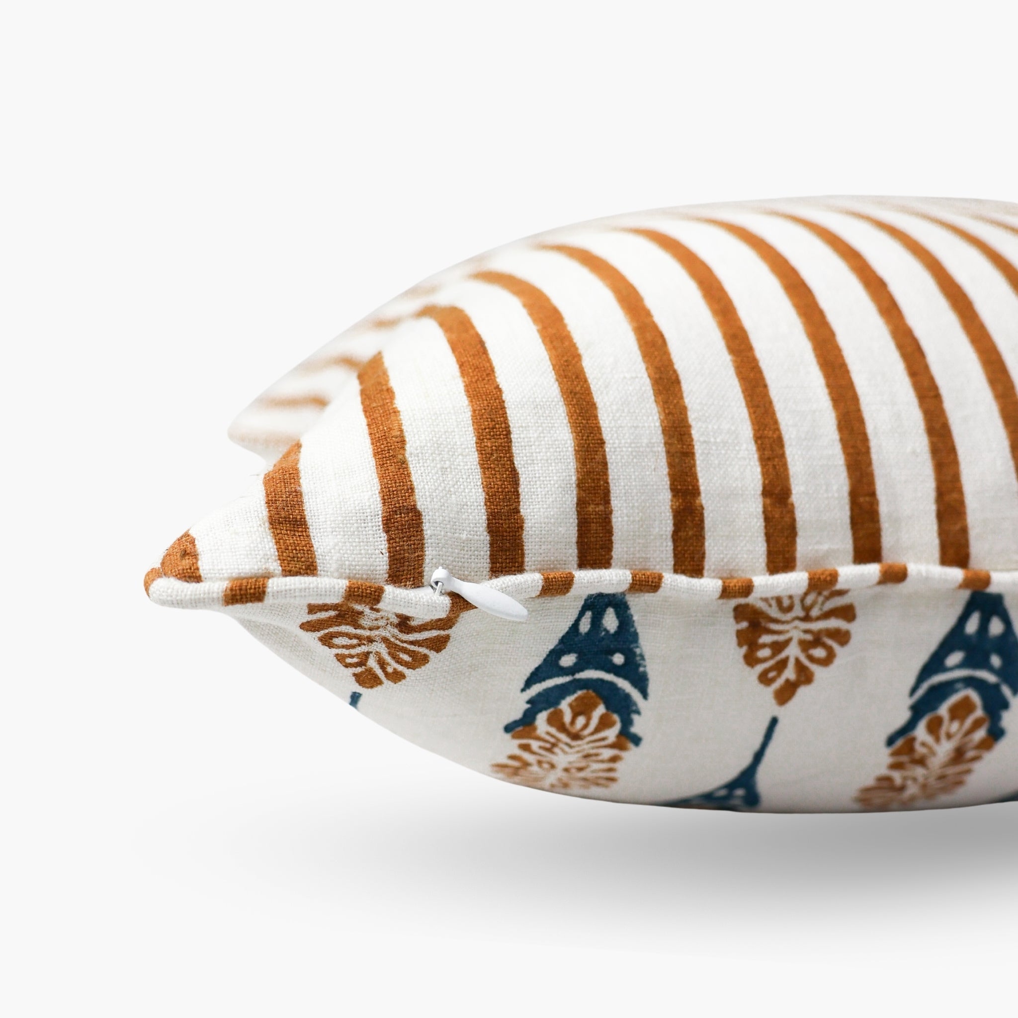 Bahaar Hand-Block Printed Linen Throw Pillow Cover, Ginger & Blue