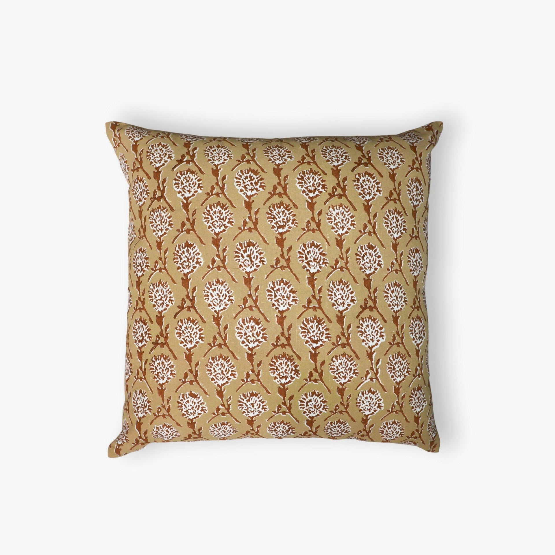Close-up of a Chai Brown pure linen throw pillow cover with a hand-block printed chrysanthemum design.