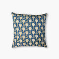 Nikhar Pure Linen Throw Pillow Cover in ink blue with intricate sand brown chrysanthemum hand-block print