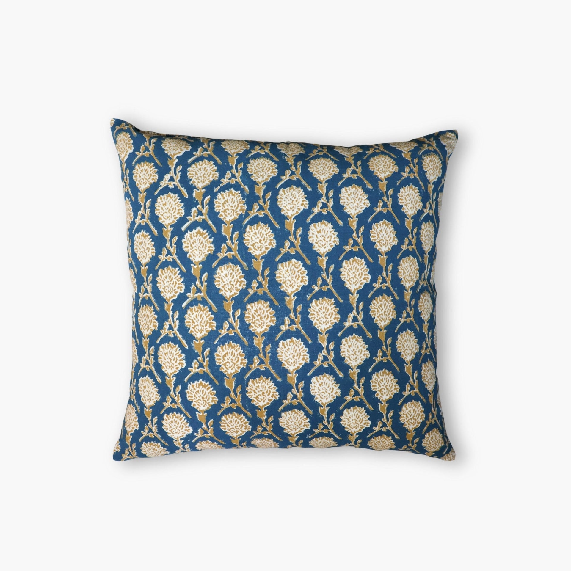 Nikhar Pure Linen Throw Pillow Cover in ink blue with intricate sand brown chrysanthemum hand-block print