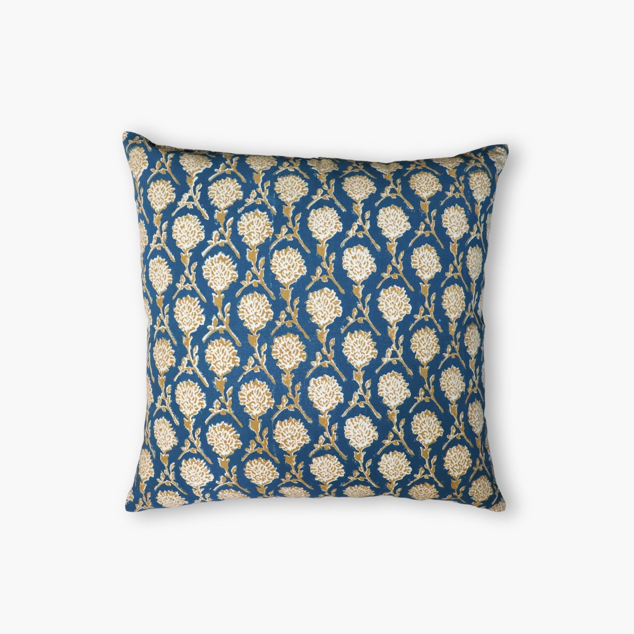 Nikhar Pure Linen Throw Pillow Cover in ink blue with intricate sand brown chrysanthemum hand-block print