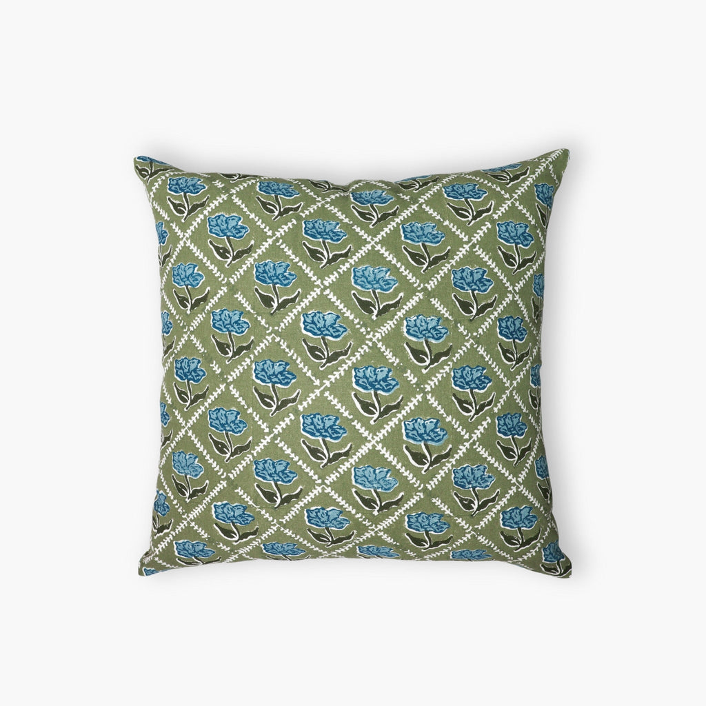 Noor throw pillow cover in olive and blue with a detailed rose block print pattern on linen fabric.
