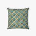 Noor throw pillow cover in olive and blue with a detailed rose block print pattern on linen fabric.
