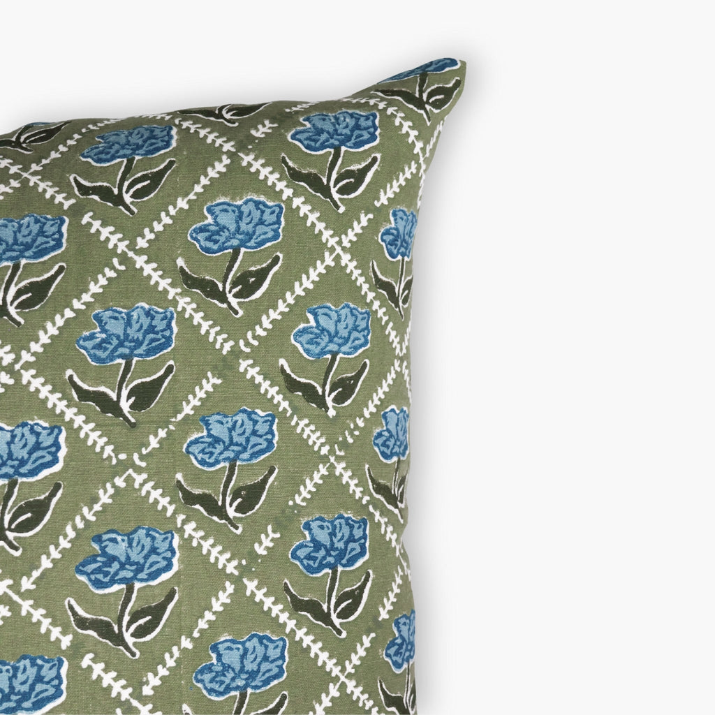 Noor Floral Linen Throw Pillow Cover in Olive and Blue
