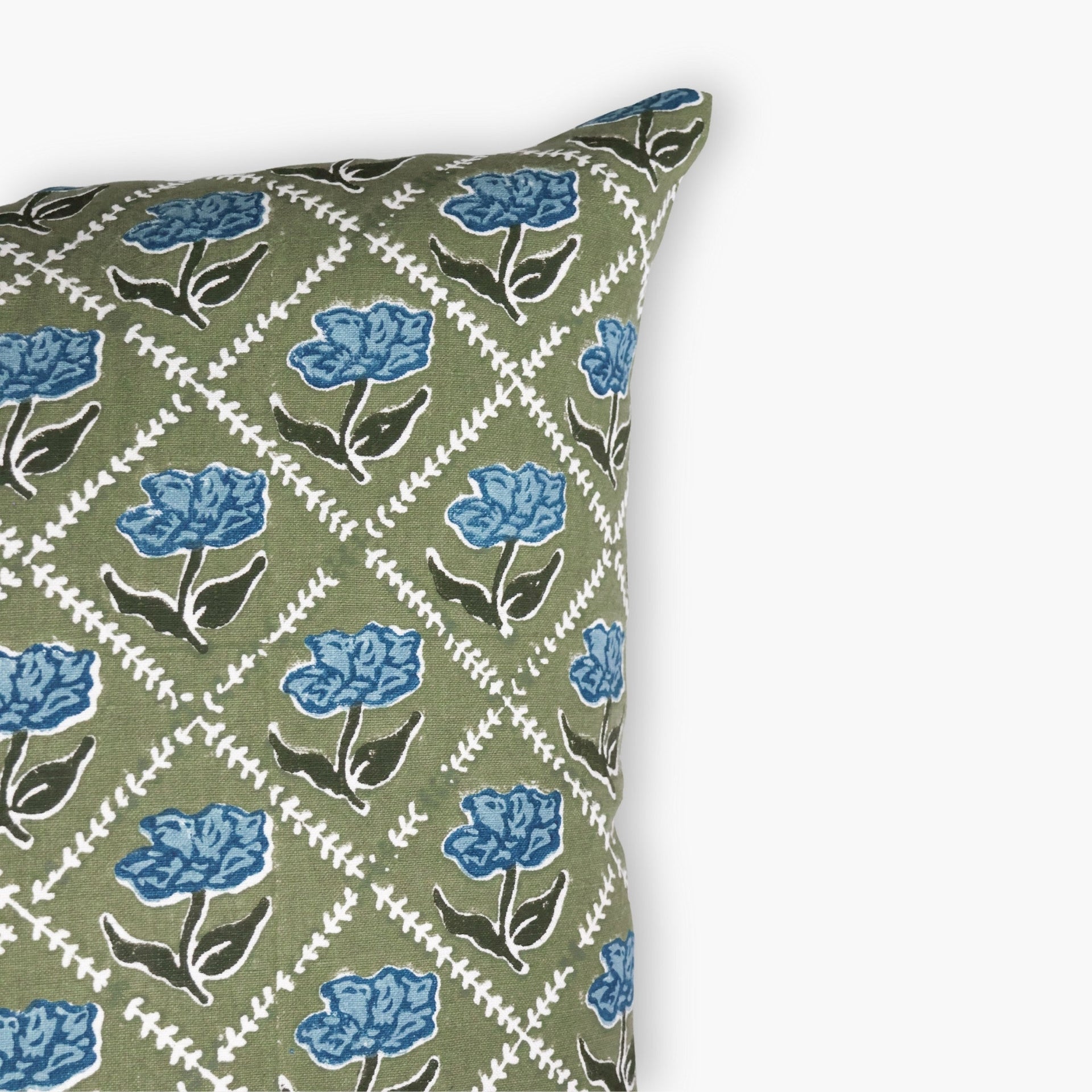 Noor Floral Linen Throw Pillow Cover in Olive and Blue