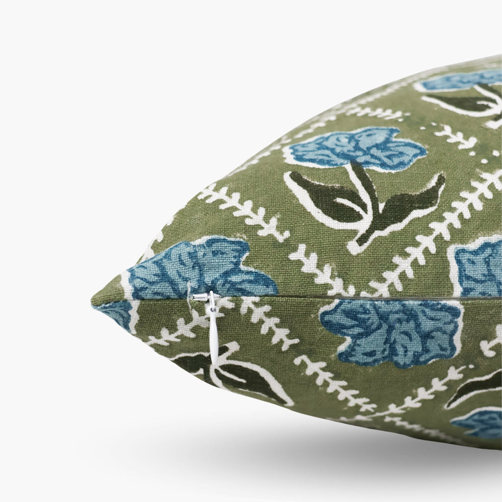 Noor Floral Linen Lumbar Throw Pillow Cover in Olive & Blue