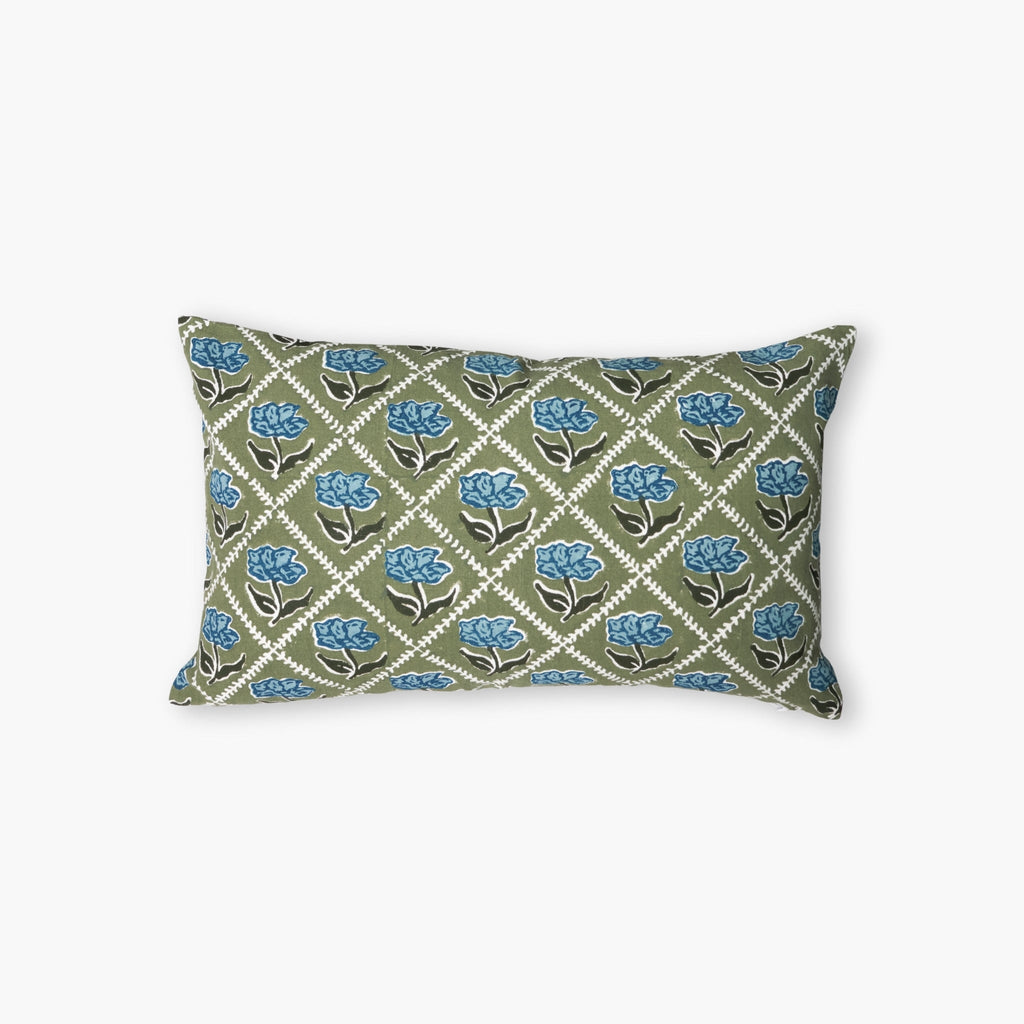 Noor linen lumbar throw pillow cover featuring olive and blue hand-block printed rose florals