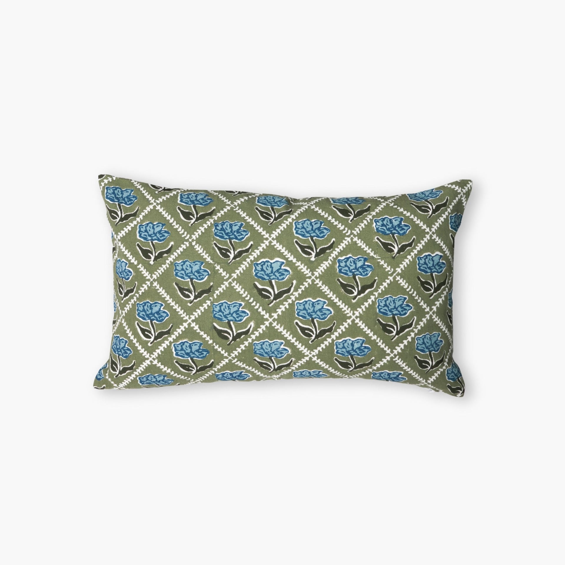 Noor linen lumbar throw pillow cover featuring olive and blue hand-block printed rose florals