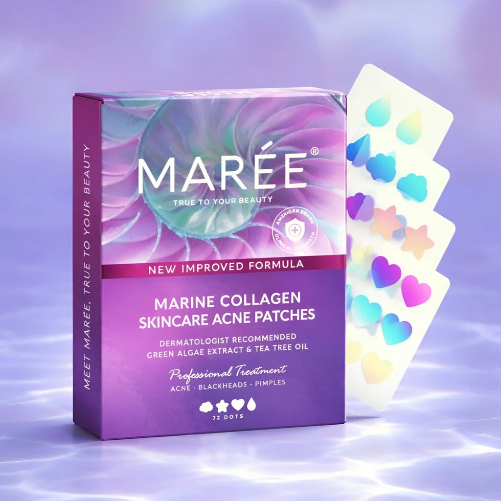Maree acne patch box with various holographic shapes like stars, hearts, and clouds, showing 72 dots included.