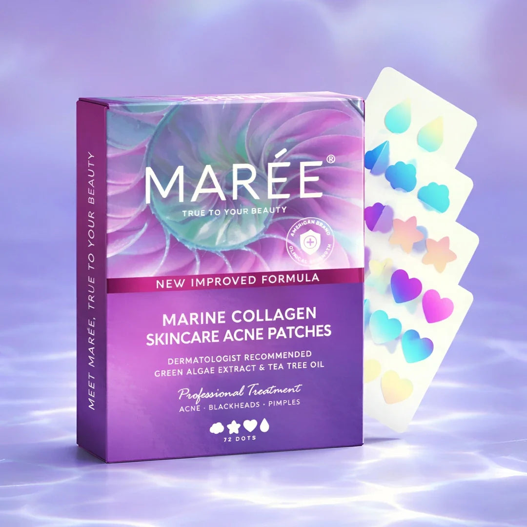 Maree acne patch box with various holographic shapes like stars, hearts, and clouds, showing 72 dots included.