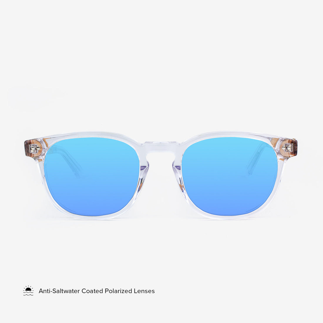 Unisex Pinecrest sunglasses featuring acetate and wood frames with polarized lenses in clear, brown, and blue.
